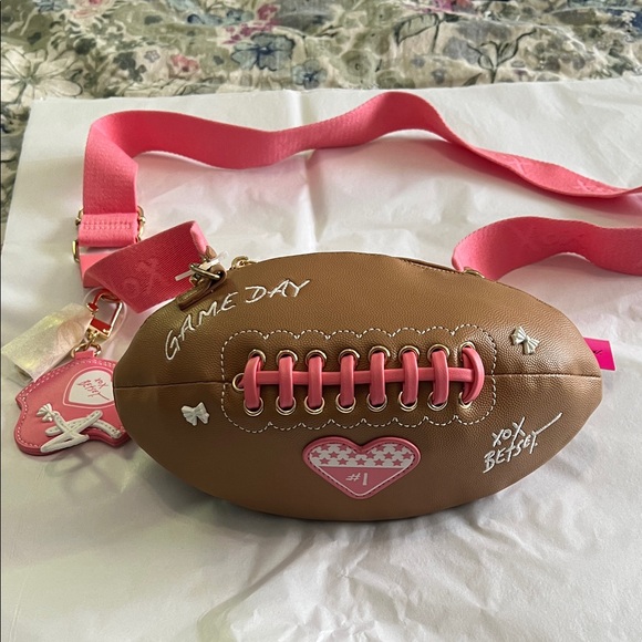 Betsey Johnson Pink and Brown Game Day Crossbody Bag NWT - Picture 1 of 6